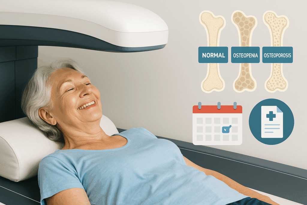 Imagen de mujer realizándose una densitometría ósea con representación de niveles de densidad ósea y orden médica online
