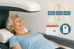 Imagen de mujer realizándose una densitometría ósea con representación de niveles de densidad ósea y orden médica online