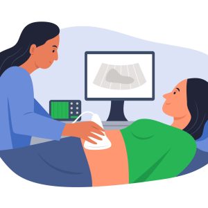 Ecografía abdominal preventiva mostrando hígado y vesícula en centro de imagenología