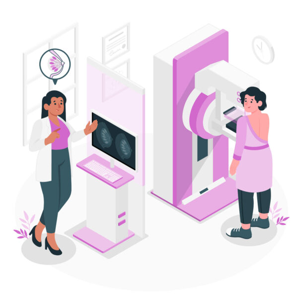 Paciente realizándose mamografía bilateral digital para detección temprana de cáncer de mama
