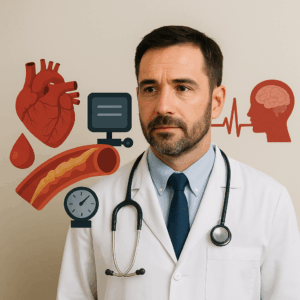 Imagen de ilustración médica mostrando los riesgos del colesterol alto y triglicéridos elevados en enfermedades cardiovasculares.