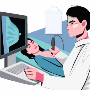 Ecografía mamaria bilateral en mujer joven con transductor de alta frecuencia