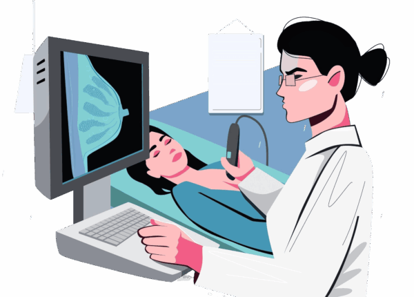 Ecografía mamaria bilateral en mujer joven con transductor de alta frecuencia
