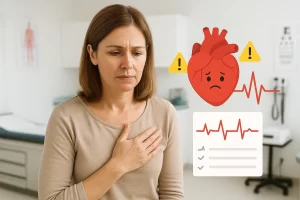 Imagen de persona con síntomas de enfermedades del corazón y representación gráfica de señales de advertencia