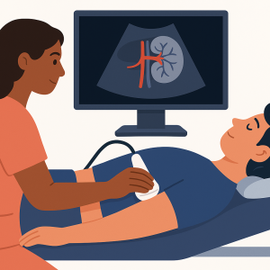 Ecografía renal bilateral mostrando riñón sano sin litiasis