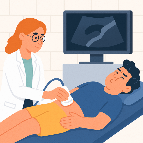 Ecografía inguinal demostrando hernia indirecta durante maniobra de Valsalva