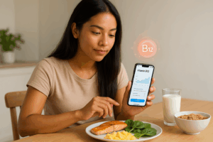 mujer revisa resultados de examen de vitamina B12 en celular junto a alimentos ricos en vitamina B12