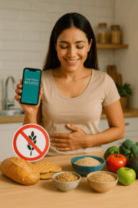 persona intolerante al gluten revisa resultado de examen de anticuerpos celíacos en celular junto a alimentos sin gluten