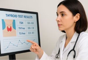 Imagen de profesional de la salud explicando resultados de examen de tiroides con gráficos de niveles hormonales