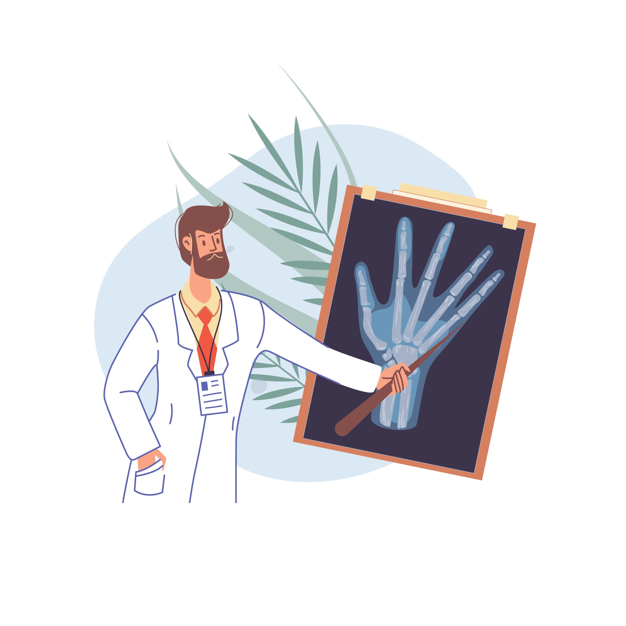 Cartoon flat doctor character in uniform,lab coat with medical pictures and symbols-radiography and x-ray diagnostics concept