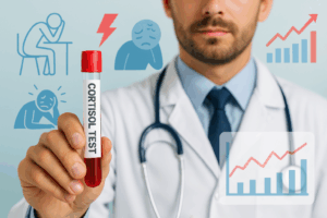 Imagen de un profesional de la salud mostrando un tubo de ensayo para examen de cortisol, con gráficos ilustrativos sobre estrés y fatiga.