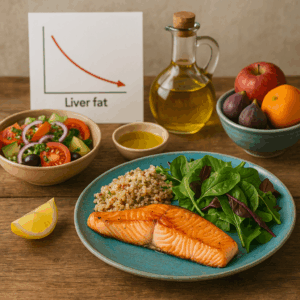 Mesa rústica con platos coloridos de la dieta mediterránea (pescado a la plancha, ensalada de hojas verdes, quínoa, aceite de oliva y frutas locales) y al fondo un gráfico simple que muestra la reducción progresiva de grasa hepática