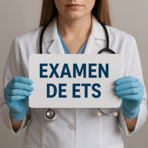 Doctora con bata blanca y guantes sosteniendo un cartel con la frase Examen de ETS, simbolizando pruebas médicas de detección de infecciones de transmisión sexual en un entorno profesional.